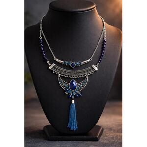 Boho Layered Statement Necklace Blue Stones Tassel Bib Style Tribal Inspired